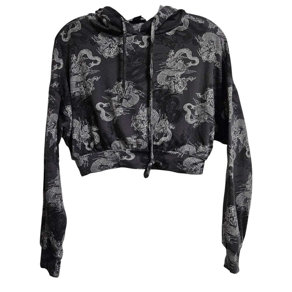 Charlotte Russe Dragon Print Cropped Hoodie Womens Sm Black Drawstring Pullover